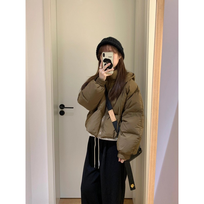 Hooded White Duck Down Jacket for Women, Korean Style, Loose Fit, Petite-Friendly, Versatile Thick Cotton Winter Outerwear