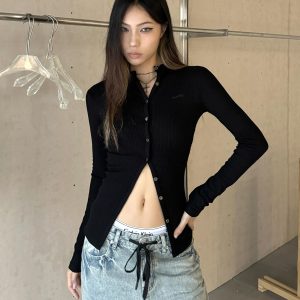 Hot Girl Knitted Cardigan - Slim Fit Long Sleeve Top with Single Row Buttons for Layering - Stylish Summer & Winter Essential