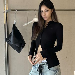 Hot Girl Knitted Cardigan - Slim Fit Long Sleeve Top with Single Row Buttons for Layering - Stylish Summer & Winter Essential
