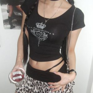 Hot Girl Leopard Print Short Crop T-Shirt & Skirt Set - Tight-Fitting Short Sleeve Y2K Style for Spring/Summer 2025