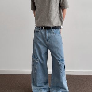 Ice Blue Washed Denim Wide-Leg Loose Long Pants - Retro American Multi-Pocket Style for 90s and Y2K Fashion