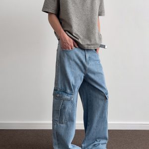 Ice Blue Washed Denim Wide-Leg Loose Long Pants - Retro American Multi-Pocket Style for 90s and Y2K Fashion