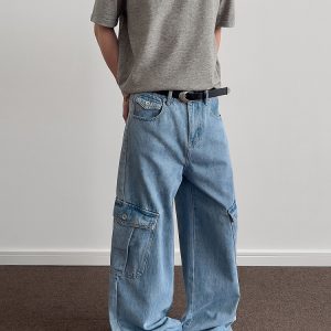 Ice Blue Washed Denim Wide-Leg Loose Long Pants - Retro American Multi-Pocket Style for 90s and Y2K Fashion