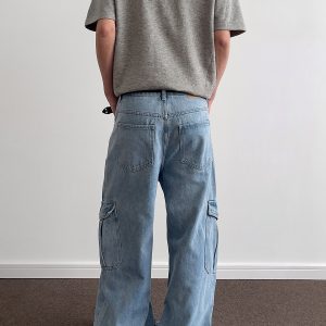 Ice Blue Washed Denim Wide-Leg Loose Long Pants - Retro American Multi-Pocket Style for 90s and Y2K Fashion