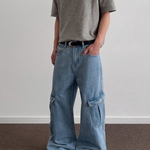 Ice Blue Washed Denim Wide-Leg Loose Long Pants - Retro American Multi-Pocket Style for 90s and Y2K Fashion