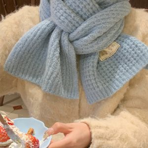 Iceland Blue Wool Blend Knitted Scarf for Women - Thick Solid Color Winter Neck Warmer