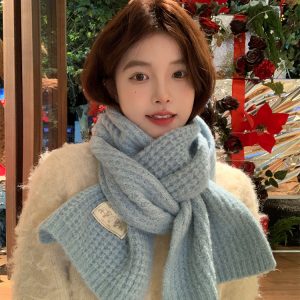 Iceland Blue Wool Blend Knitted Scarf for Women - Thick Solid Color Winter Neck Warmer