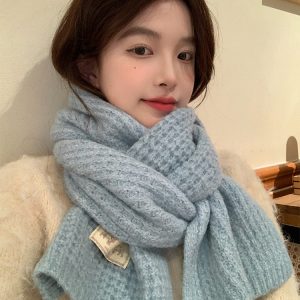 Iceland Blue Wool Blend Knitted Scarf for Women - Thick Solid Color Winter Neck Warmer