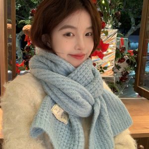 Iceland Blue Wool Blend Knitted Scarf for Women - Thick Solid Color Winter Neck Warmer