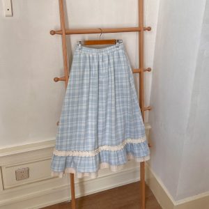 Iceland Cold Brew Plaid Lace A-Line Woolen Skirt with Elastic Waist - Blue Fall Fashion Essential