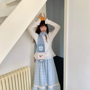 Iceland Cold Brew Plaid Lace A-Line Woolen Skirt with Elastic Waist - Blue Fall Fashion Essential