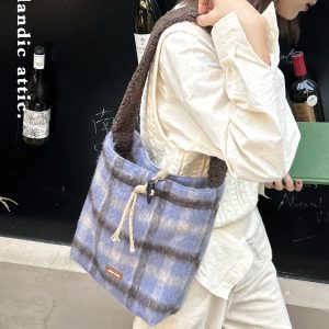 Iceland Mocha Wool Plaid Large Capacity Tote Bucket Bag - Sheepskin Shoulder Bag for Stylish Everyday Use