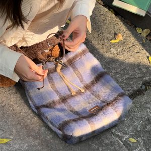 Iceland Mocha Wool Plaid Large Capacity Tote Bucket Bag - Sheepskin Shoulder Bag for Stylish Everyday Use