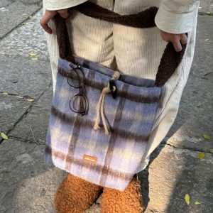 Iceland Mocha Wool Plaid Large Capacity Tote Bucket Bag - Sheepskin Shoulder Bag for Stylish Everyday Use