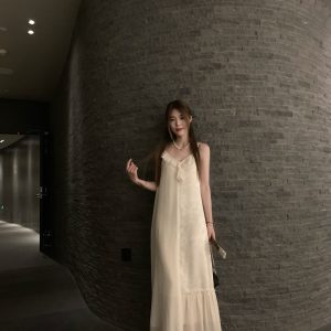 Irregular Jacquard Ruffled Lace V-Neck Slip Dress - Eastern Rhythm Inspired Cool Feel Fashion for Y2K and 90s Style