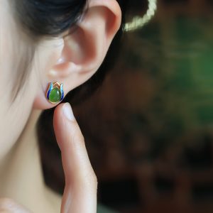 Jade Green Tulip Earrings for Women - Chinese Style Pure Silver with Gold Inlaid Jade Enamel Gemstone - Elegant Fashion Jewelry