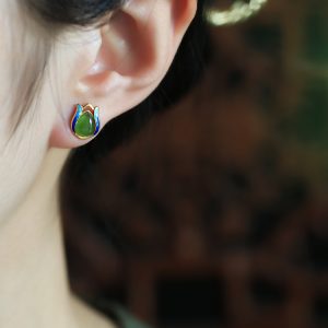 Jade Green Tulip Earrings for Women - Chinese Style Pure Silver with Gold Inlaid Jade Enamel Gemstone - Elegant Fashion Jewelry