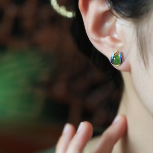 Jade Green Tulip Earrings for Women - Chinese Style Pure Silver with Gold Inlaid Jade Enamel Gemstone - Elegant Fashion Jewelry