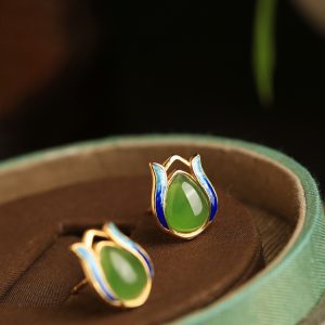 Jade Green Tulip Earrings for Women - Chinese Style Pure Silver with Gold Inlaid Jade Enamel Gemstone - Elegant Fashion Jewelry