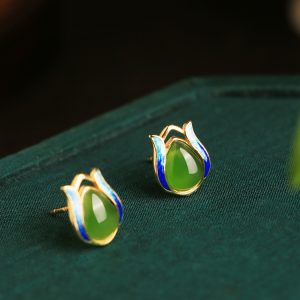 Jade Green Tulip Earrings for Women - Chinese Style Pure Silver with Gold Inlaid Jade Enamel Gemstone - Elegant Fashion Jewelry