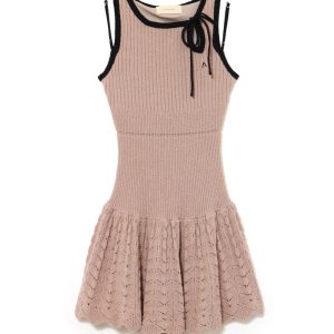 Japanese Niche Hollow Sweet Bow Tie Knitted Suspender Dress - Short Skirt, Cute Y2K Style Fashion for Trendy Outfits