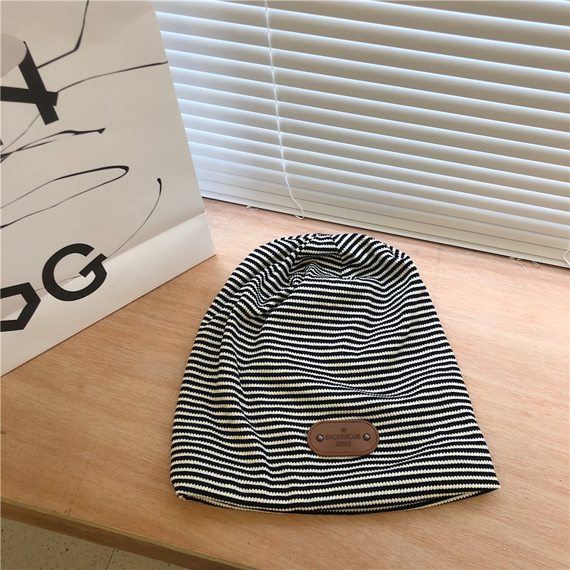 Japanese Striped Double-Layer Knitted Pullover Hat for Women - Slouchy Fit, Cool Girl Style for Autumn and Winter