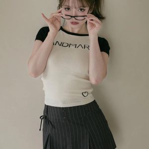 Japanese Style Color Block Splicing Short Sleeve T-Shirt for Women - Sweet Slim Fit Top, Summer 2023 Fashion Trend