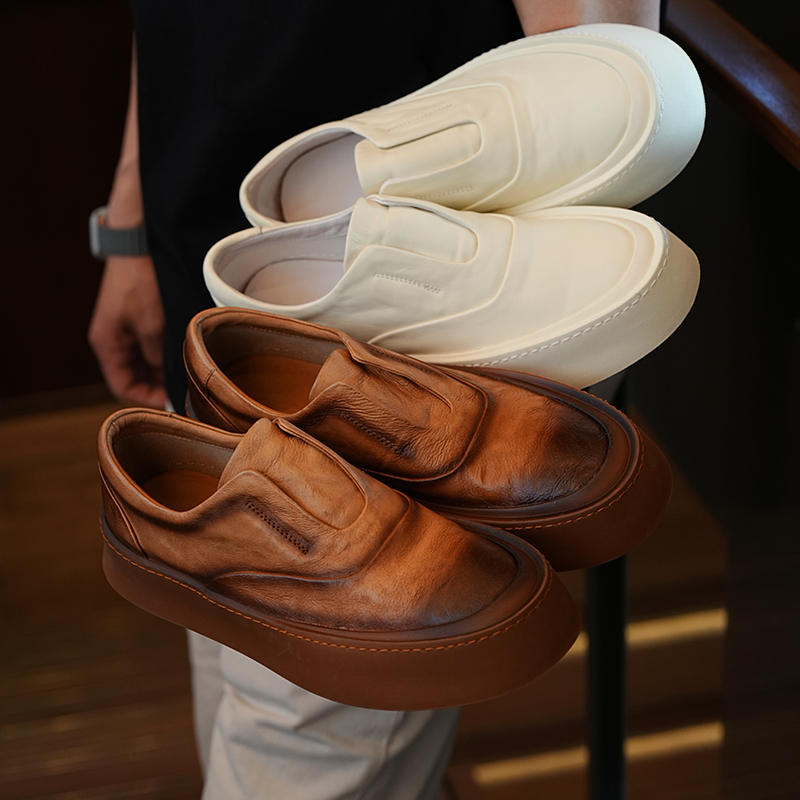 Japanese-Style Retro Minimalist Thick-Soled Casual Slip-On Shoes for Men - Trendy Summer High-End Leather Footwear