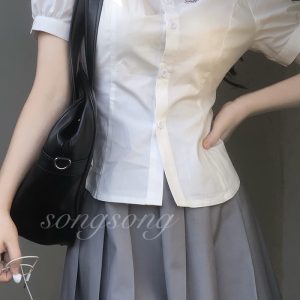 Japanese-Style Short-Sleeved Puff Sleeve JK Shirt with Waist-Cinching Design and Pudding Bear Print for Summer Fashion