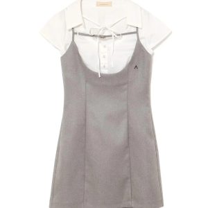 Japanese-Style Slim-Fit Camisole Dress with Short Sleeve Shirt Two-Piece Set - Summer College Wind Fashion