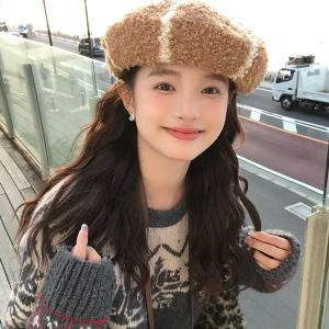 Japanese-Style Striped Beret 2024 - Plush Painter Hat for Small Faces, Big Heads, Y2K Aesthetic Fashion Accessory