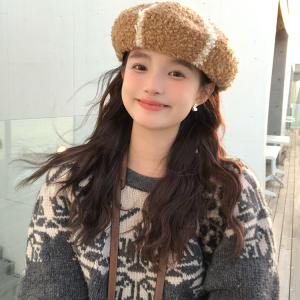 Japanese-Style Striped Beret 2024 - Plush Painter Hat for Small Faces, Big Heads, Y2K Aesthetic Fashion Accessory