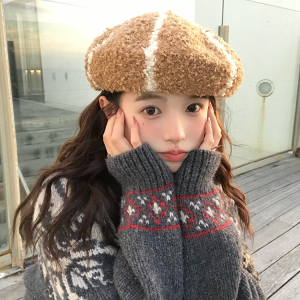 Japanese-Style Striped Beret 2024 - Plush Painter Hat for Small Faces, Big Heads, Y2K Aesthetic Fashion Accessory