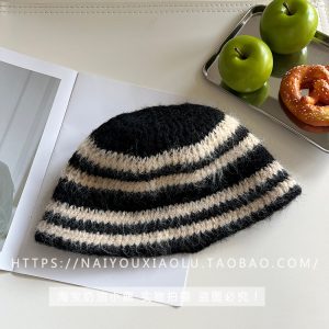 Japanese-Style Striped Plush Fisherman's Hat for Women - Winter Knitted Bucket Hat, Casual Versatile Trend