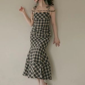 Japanese-Style Summer 2025 Plaid Slimming Mermaid Long Dress for Women