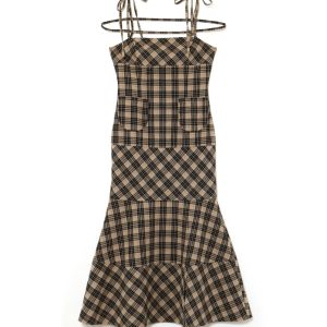Japanese-Style Summer 2025 Plaid Slimming Mermaid Long Dress for Women