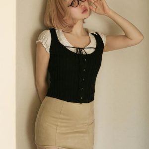 Japanese Sweet College Style Slim-Fit Short Sleeve Shirt & Knitted Vest Two-Piece Set for Summer Fashion