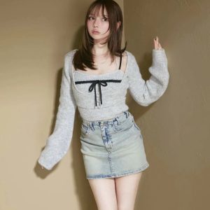 Japanese Sweet Niche Design Gray Cashmere Bow Knitwear Two-Piece Set for Autumn Winter 2024