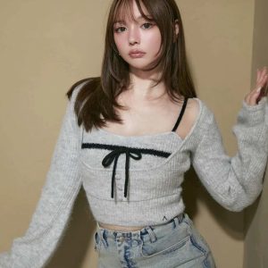 Japanese Sweet Niche Design Gray Cashmere Bow Knitwear Two-Piece Set for Autumn Winter 2024