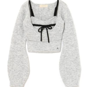 Japanese Sweet Niche Design Gray Cashmere Bow Knitwear Two-Piece Set for Autumn Winter 2024