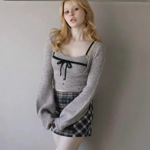 Japanese Sweet Niche Design Gray Cashmere Bow Knitwear Two-Piece Set for Autumn Winter 2024