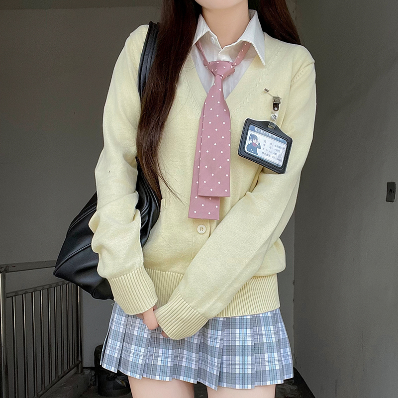 JK Uniform Long Sleeve Cardigan Knitted Sweater College Style in Dark Gray and Yellow - Trendy 2024 Pudding Bear Inspired Design
