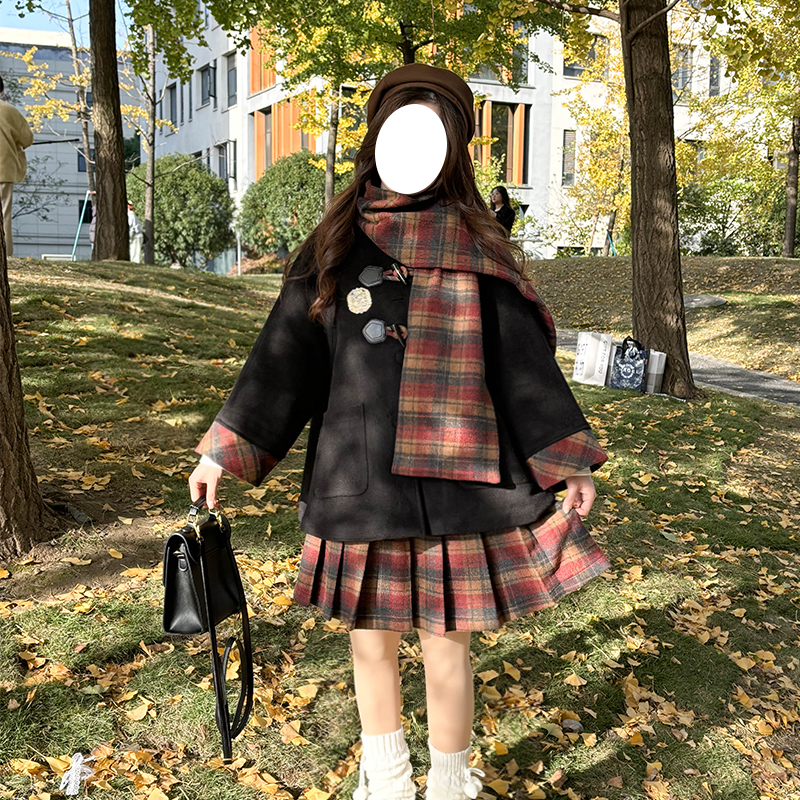 JK Uniform Set with Pudding Bear Design - Woolen Overcoat & 3-Piece Autumn/Winter Outfit for School - 2024 Fashion