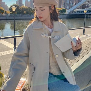 Khaki High-End Wool Coat for Women - Winter 2024 Korean Style Petite College Overcoat