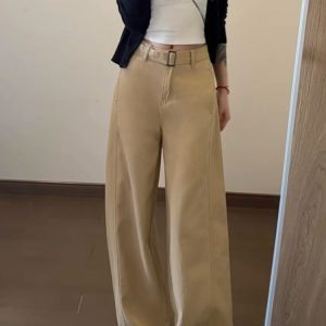Khaki High-Waisted Wide-Leg Jeans for Women, Summer 2023 Loose-Fitting Casual Pants, Slimming Draped Style