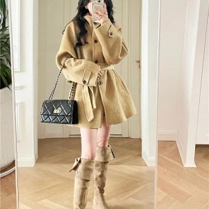 Khaki Stand-Collar Wool Coat for Women, Short Petite Fit, Autumn Winter Style, High-End Feel, Korean Fashion
