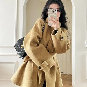 Khaki Stand-Collar Wool Coat for Women, Short Petite Fit, Autumn Winter Style, High-End Feel, Korean Fashion