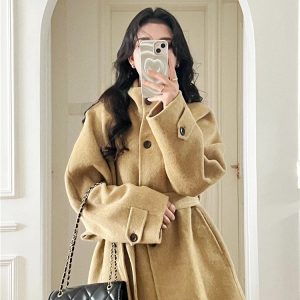 Khaki Stand-Collar Wool Coat for Women, Short Petite Fit, Autumn Winter Style, High-End Feel, Korean Fashion