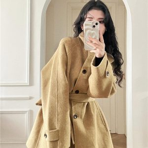 Khaki Stand-Collar Wool Coat for Women, Short Petite Fit, Autumn Winter Style, High-End Feel, Korean Fashion