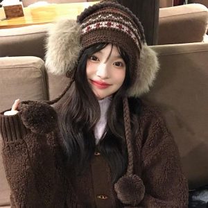 Knitted Wool Ear Protection Hat for Women - Small Face Friendly, Autumn Winter Style, Feier Island Design, Warm Lei Feng Cap